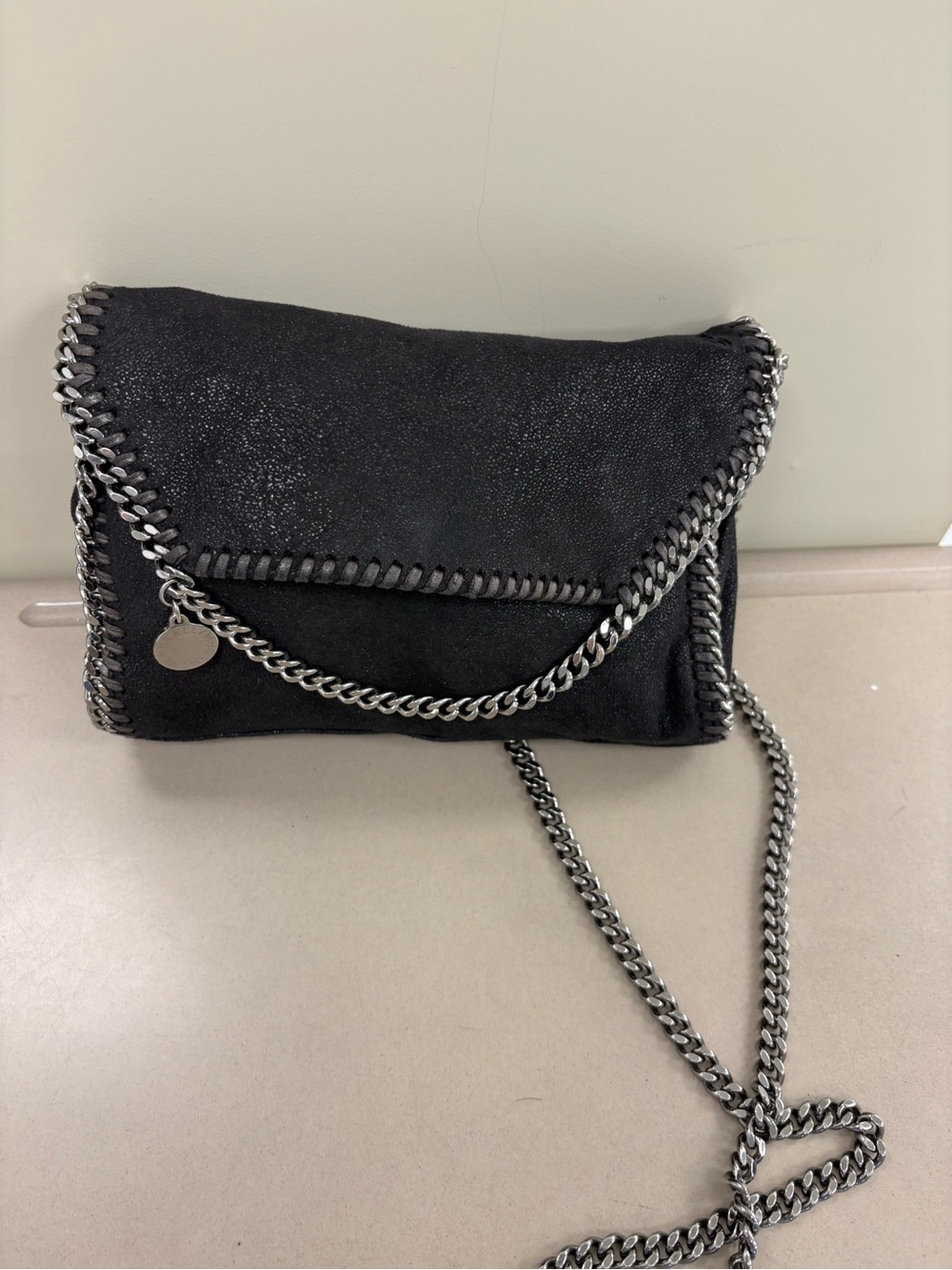 Stella McCartney Mini Falabella Shaggy Deer Crossbody Bag Black Silver Chain